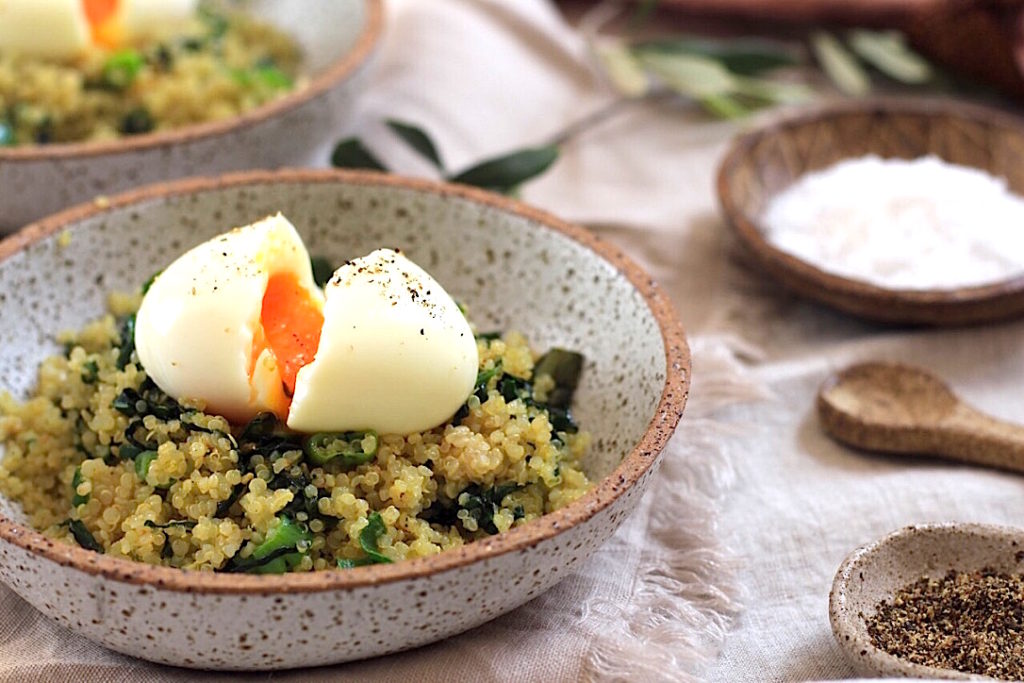 Soft boiled egg on quinoa, spinach and shallot recipe Helen