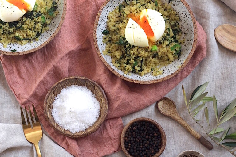 Soft boiled egg on quinoa, spinach and shallot recipe Helen